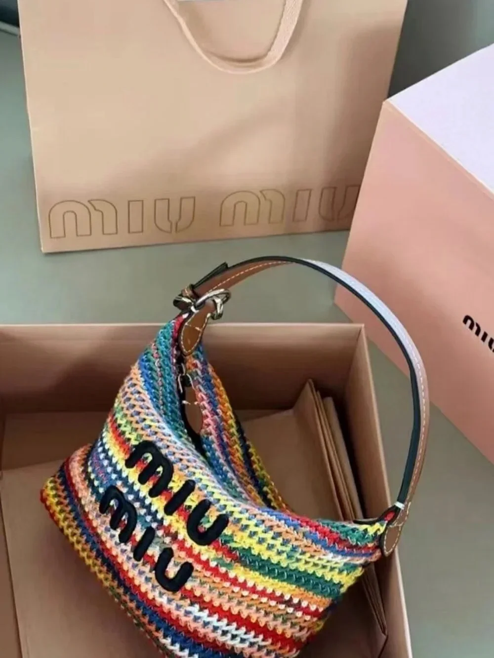 Miu Miu Multicolor Crochet Shoulder Bag with Black Logo